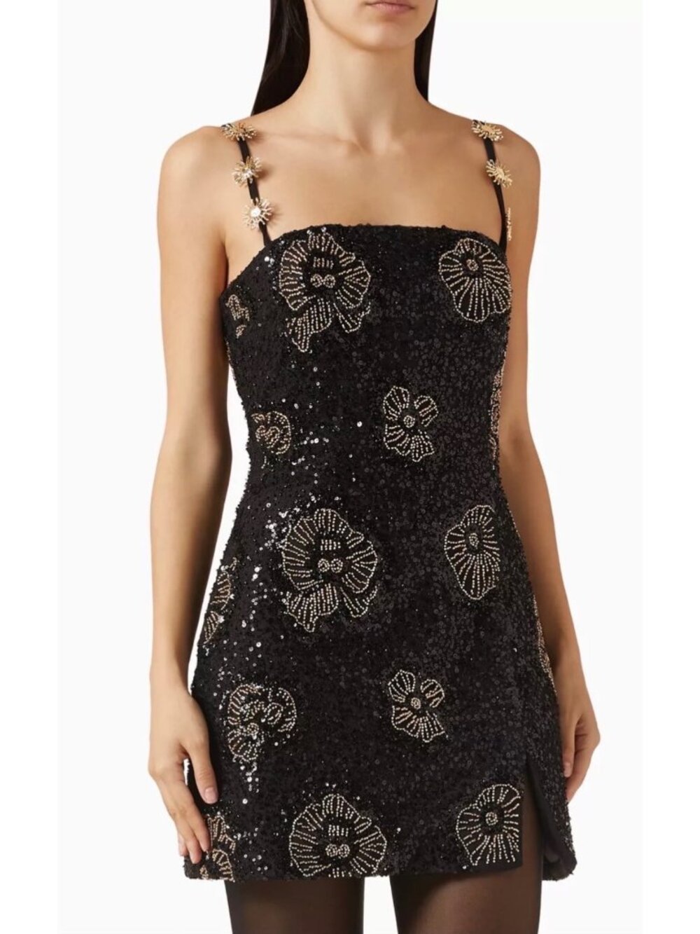 Lavish Alice AURELIE BEAD EMBELLISHED TULIP MINI DRESS WITH GOLD TRIMS IN BLACK